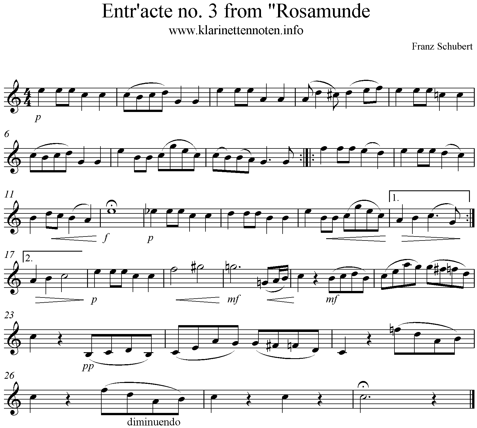 Entr acte no 3 from Rosamunde, Clarinet, Klarinette